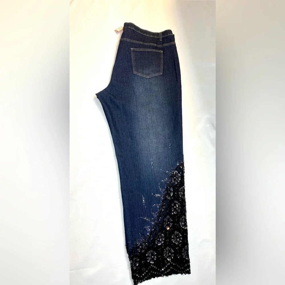 Embellished deep blue denim jeans Sequin Black Lace Embroidered Capri - Picture 10 of 13